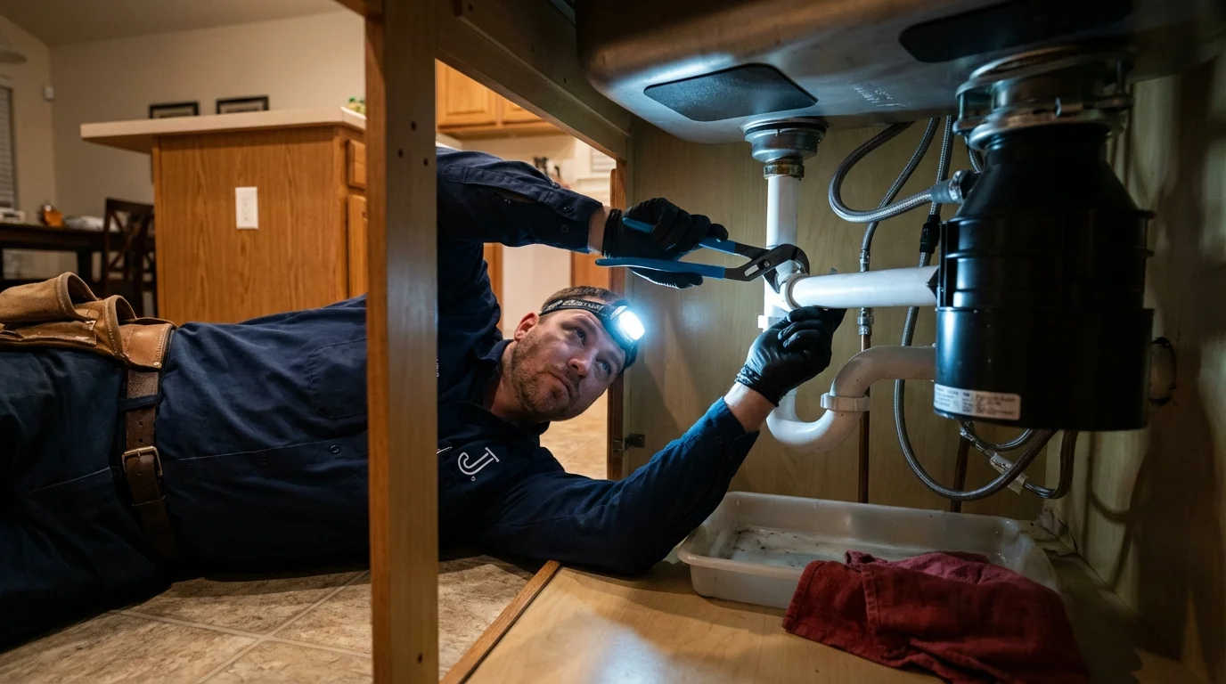 P-trap and supply line connections under a kitchen sink showing a common leak point in Roseland, NJ